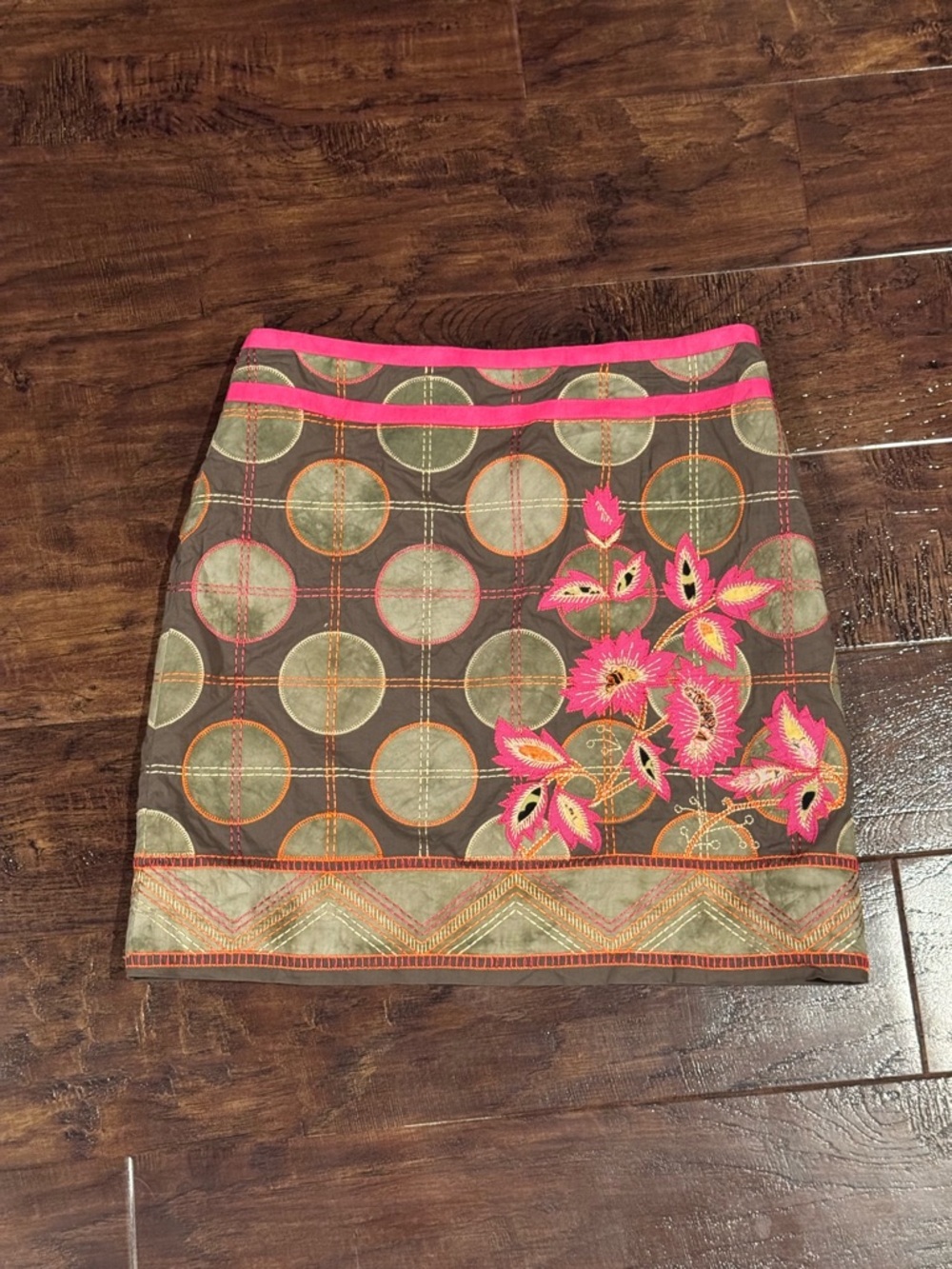 Etcetera Brown and Pink Embroidered Boho Mini Skirt Size 6